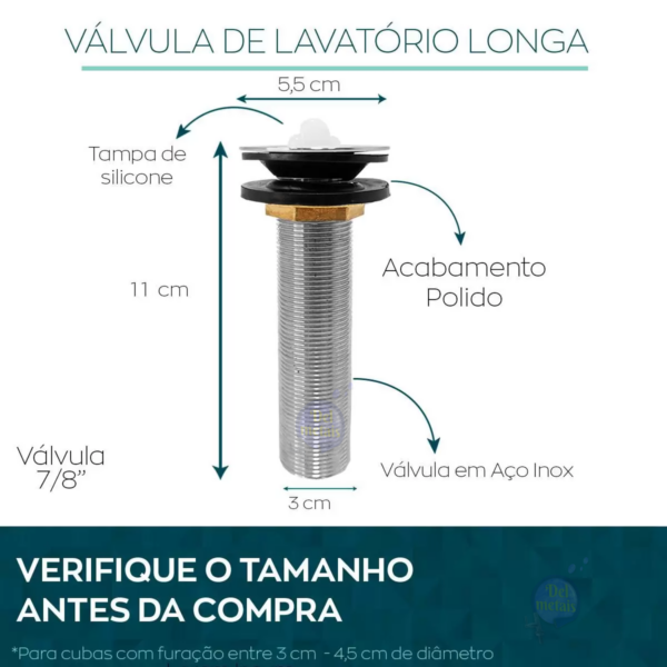 Válvula Escoamento Lavatório Longa Metal, 11cm Para Cuba  CasaGrande Mundial - Image 4