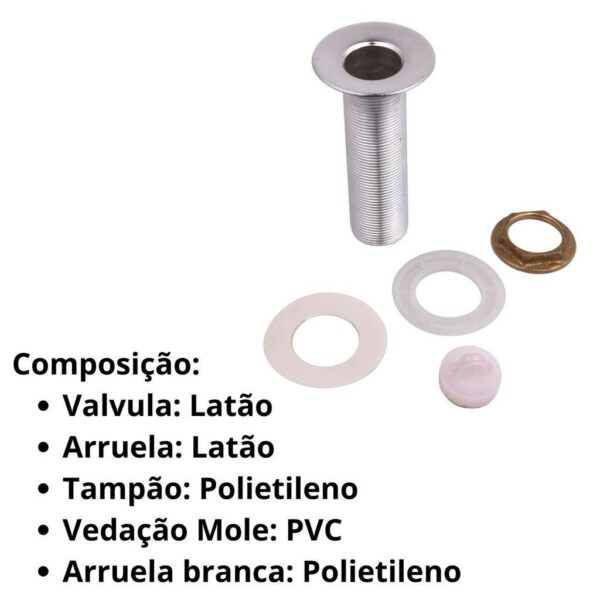 Válvula Escoamento Lavatório Longa Metal, 11cm Para Cuba  CasaGrande Mundial - Image 6