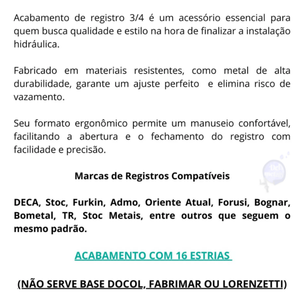 4 Acabamentos Registro Cruzeta Quadrado Luxo 3/4 Padrão Deca 16 Dentes - Image 5